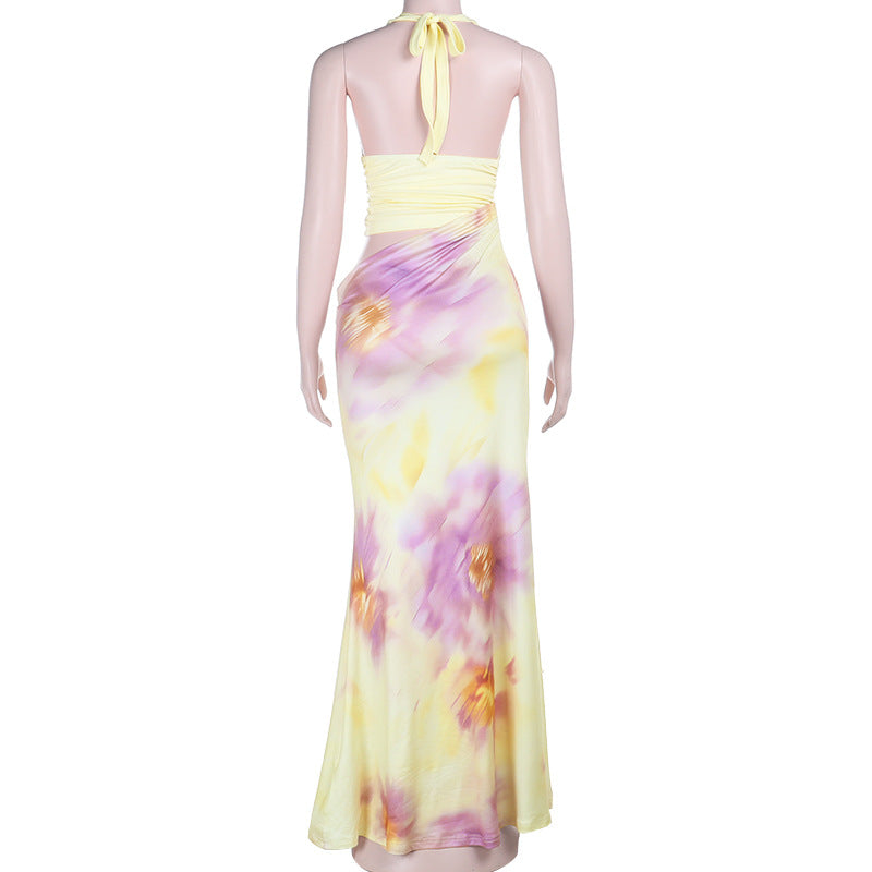 Hollow out v neck self tie halter flower print cut out maxi dress | Festival Outfits Women