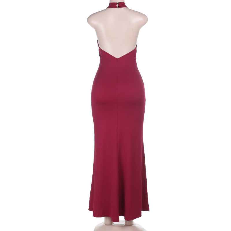 Halter crewneck lace backless solid maxi dress | Festival Outfits Women