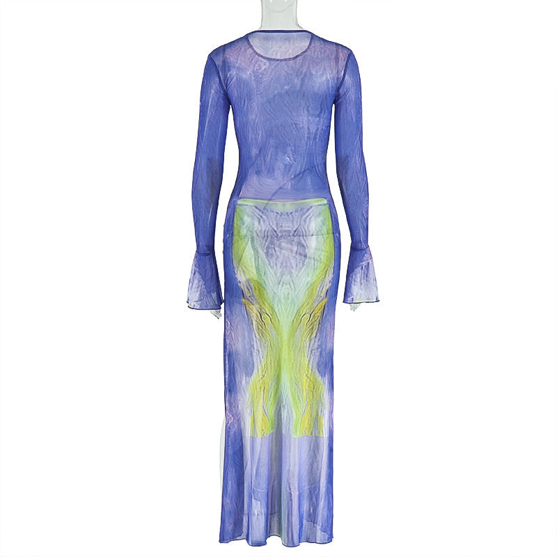Long flared sleeve print mesh crewneck slit maxi dress | Festival Outfits Women