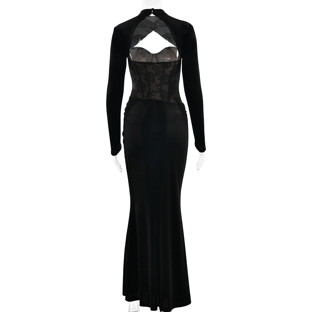 Long sleeve lace ruched zip-up solid maxi dress | Festival Outfits Women
