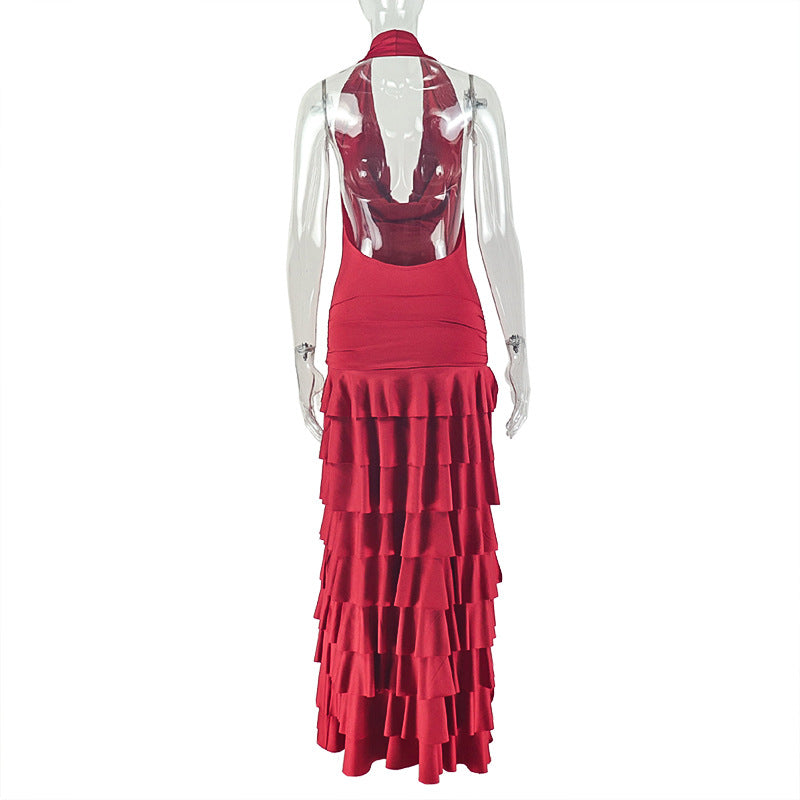 Cowl neck halter ruffle slit irregular maxi dress | Festival Outfits Women