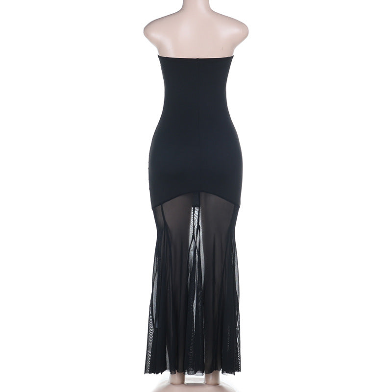 Mesh ruched tube backless solid maxi dress | Festival Outfits Women