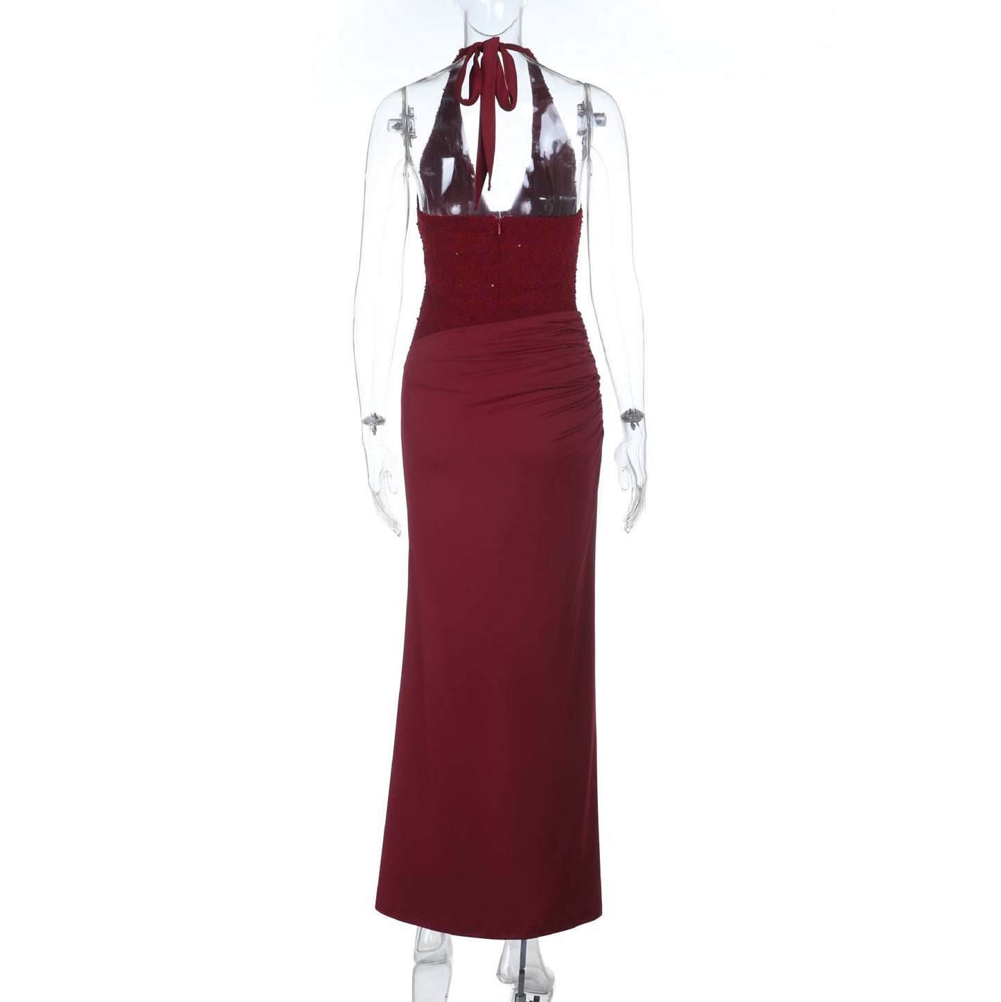Halter self tie ruched v neck backless maxi dress | Festival Outfits Women