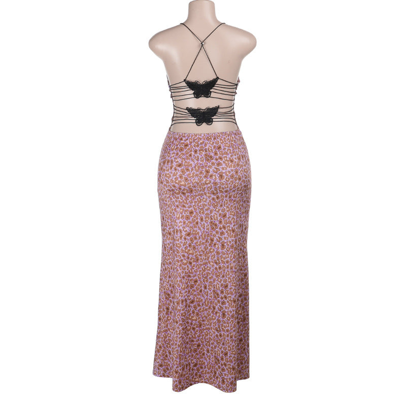 Print v neck cross back backless maxi dress | Festival Outfits Women