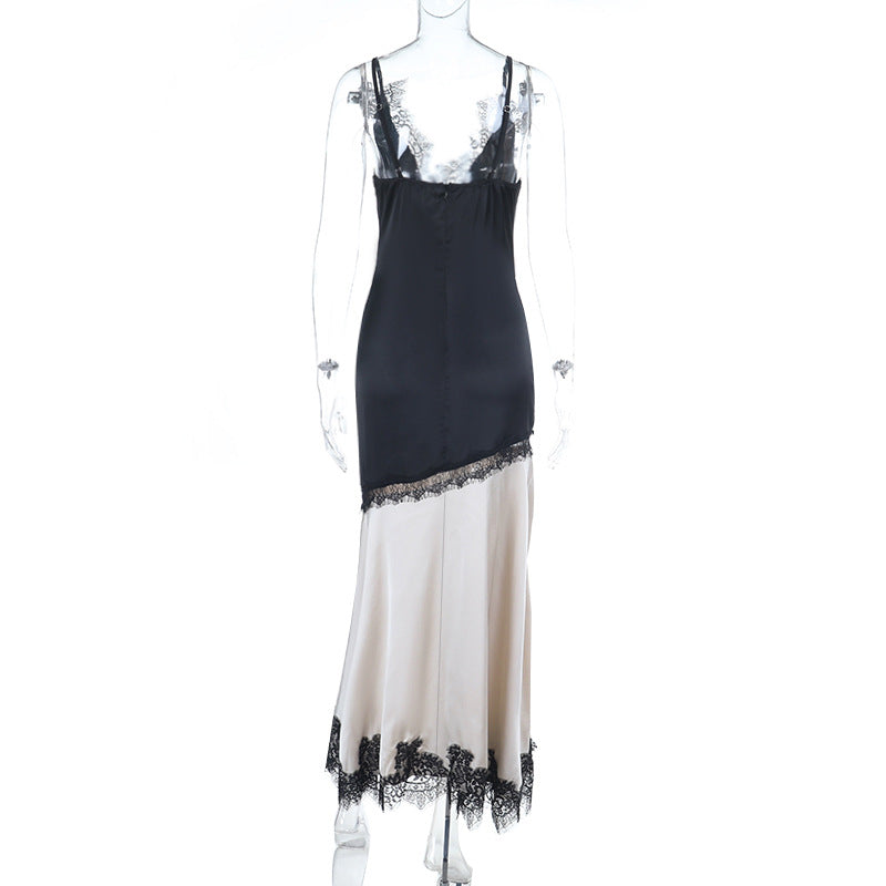 Lace hem v neck slit irregular cami maxi dress | Festival Outfits Women