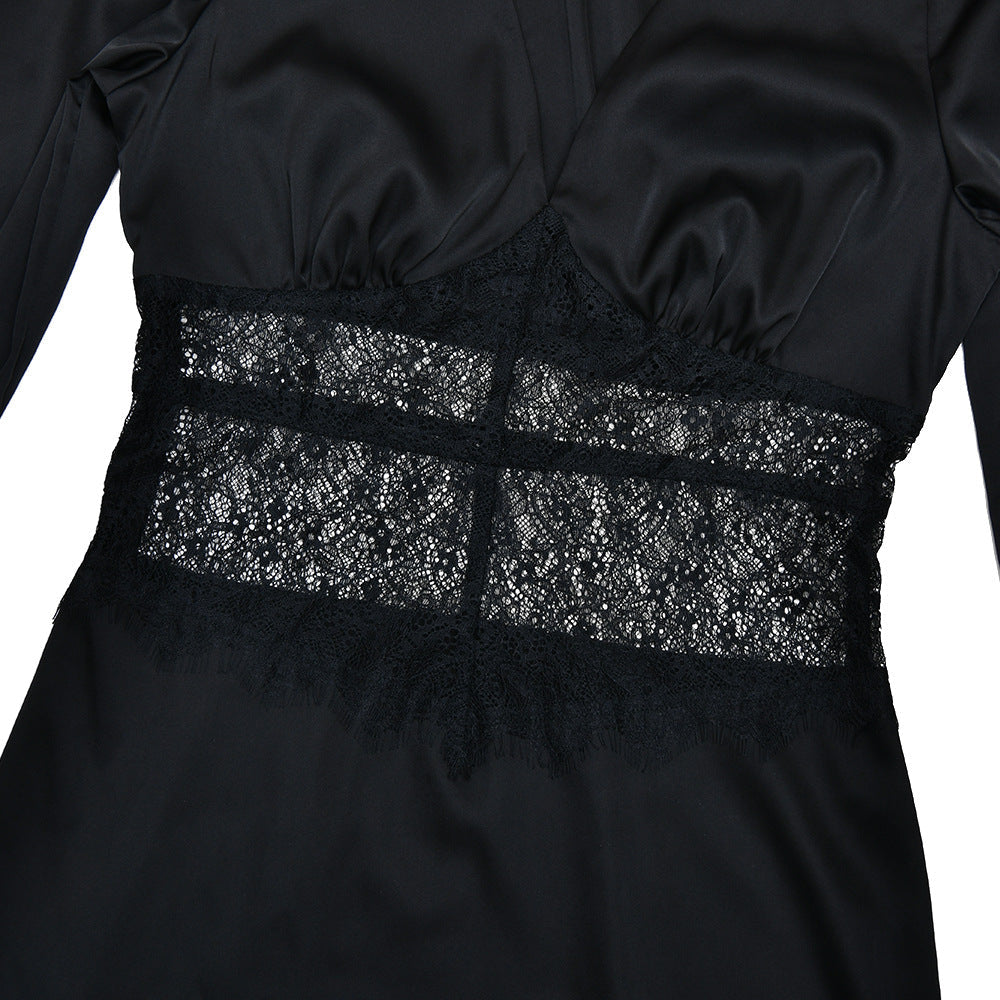 Long sleeve v neck lace satin zip-up maxi dress | Festival Outfits Women