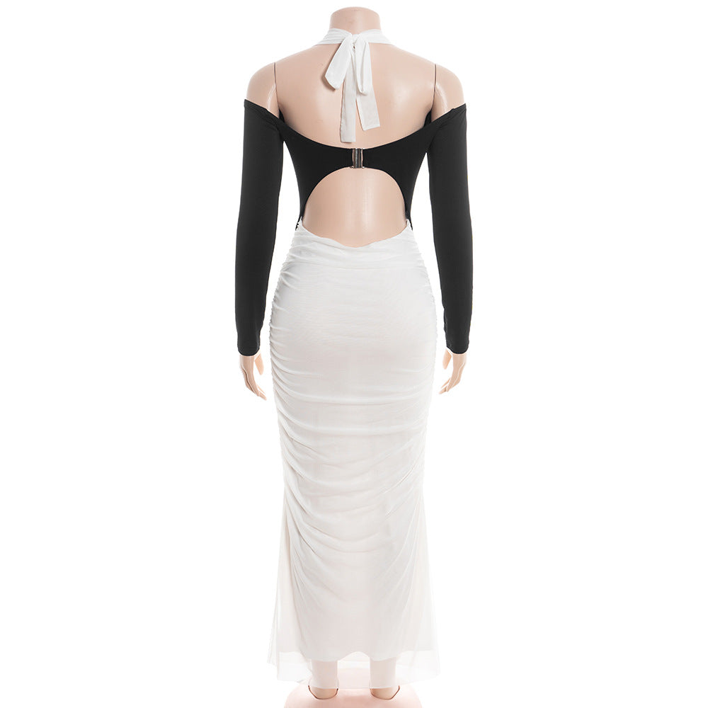 Ruched long sleeve halter self tie maxi dress | Festival Outfits Women