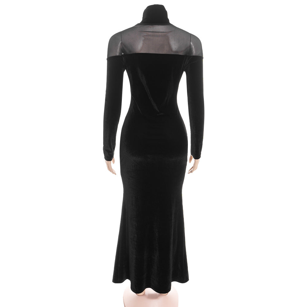 High neck long sleeve mesh velvet maxi dress | Festival Outfits Women