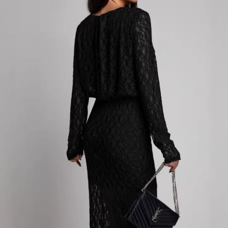 Crewneck long sleeve lace slit solid maxi dress | Festival Outfits Women