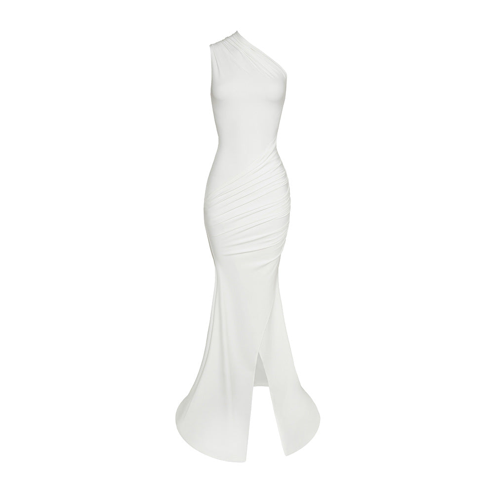 One shoulder ruched slit solid irregular maxi dress | Festival Outfits Women