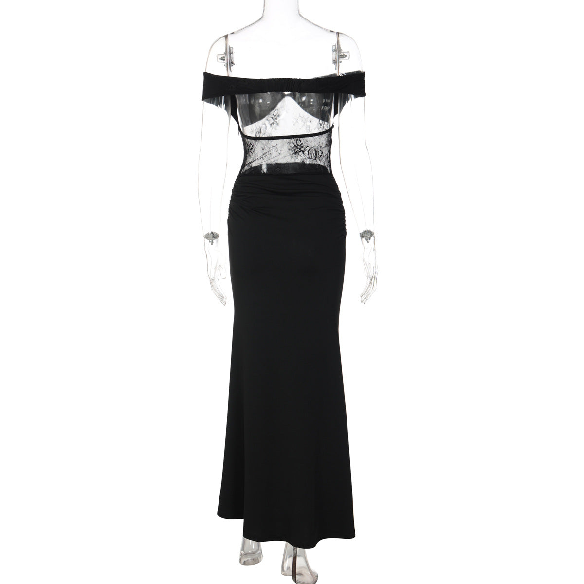 Off shoulder lace zip-up ruched solid maxi dress | Festival Outfits Women