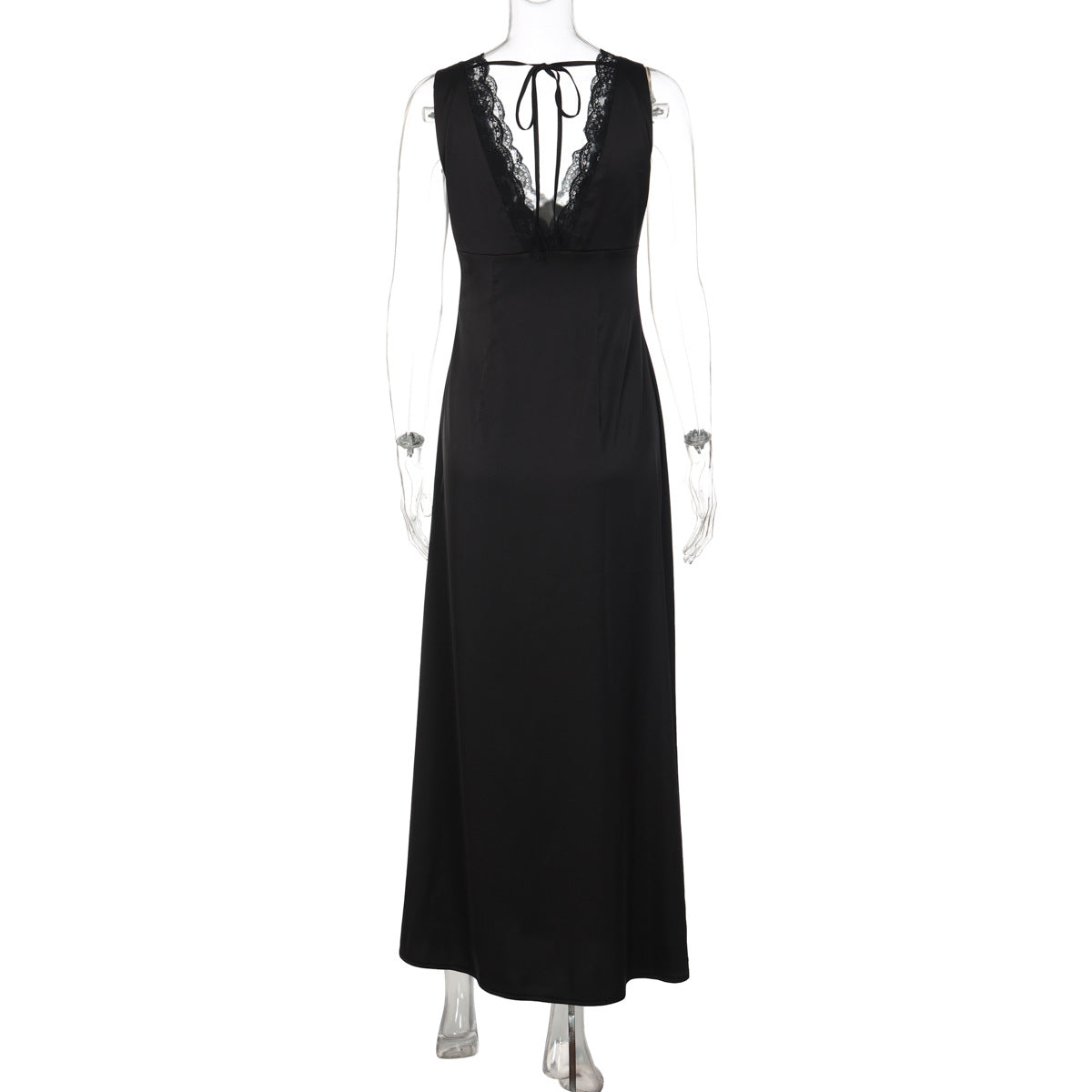 Lace hem v neck self tie backless maxi dress | Festival Outfits Women