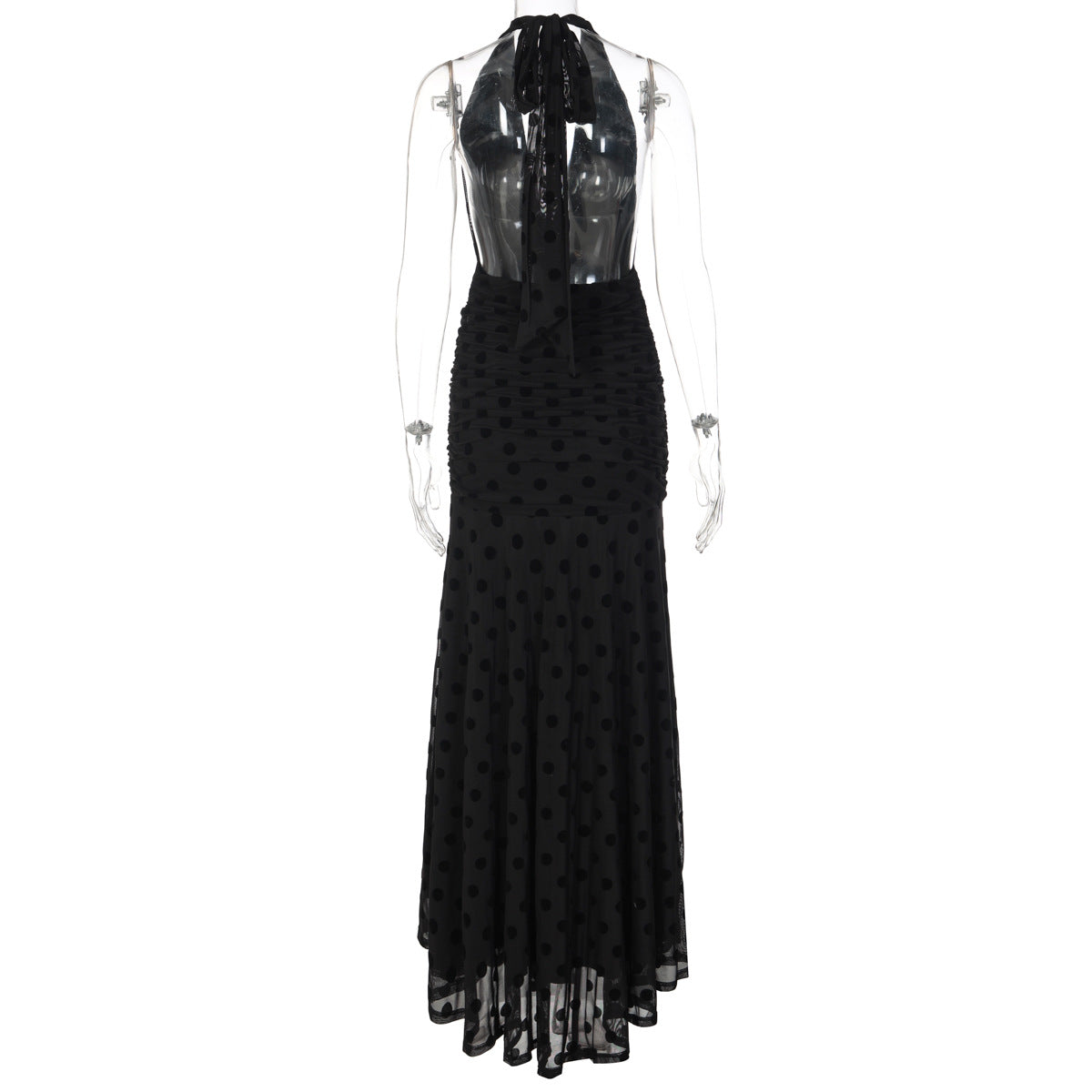 Polka dot deep v neck halter self tie ruched maxi dress | Festival Outfits Women