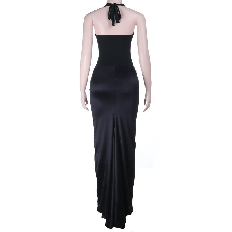 Ruched u neck self tie halter lace maxi dress | Festival Outfits Women