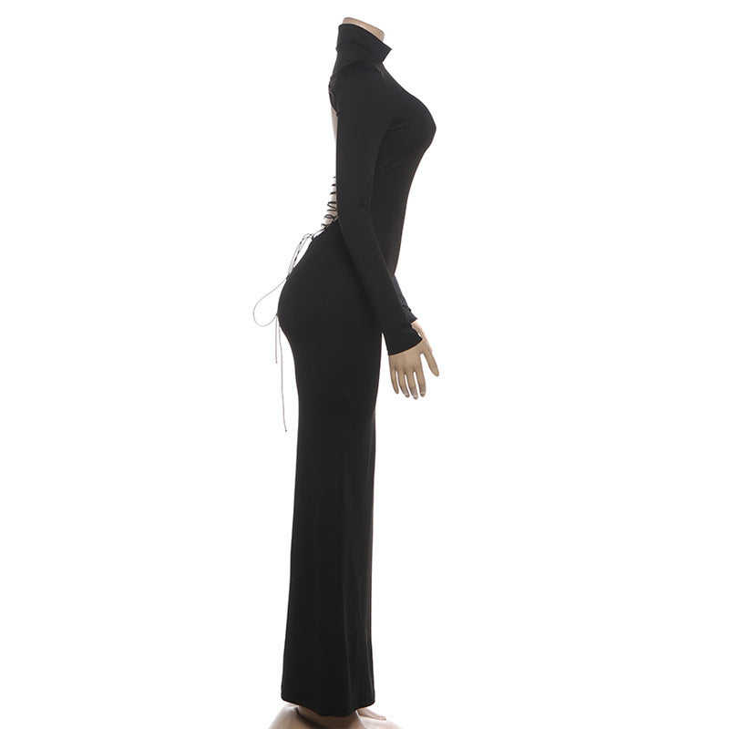 Long sleeve high neck backless self tie maxi dress | Festival Outfits Women