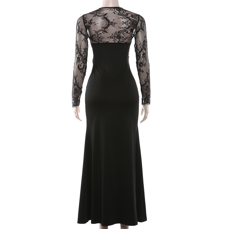 Long sleeve lace patchwork v neck maxi dress | Festival Outfits Women