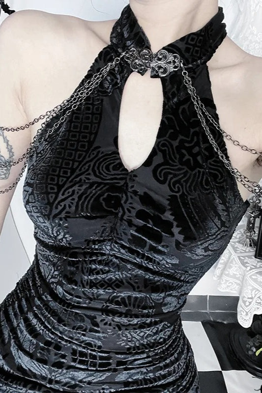 Chinese Dark Gothic Cheongsam Stand-up Collar High-slit Maxi Dress