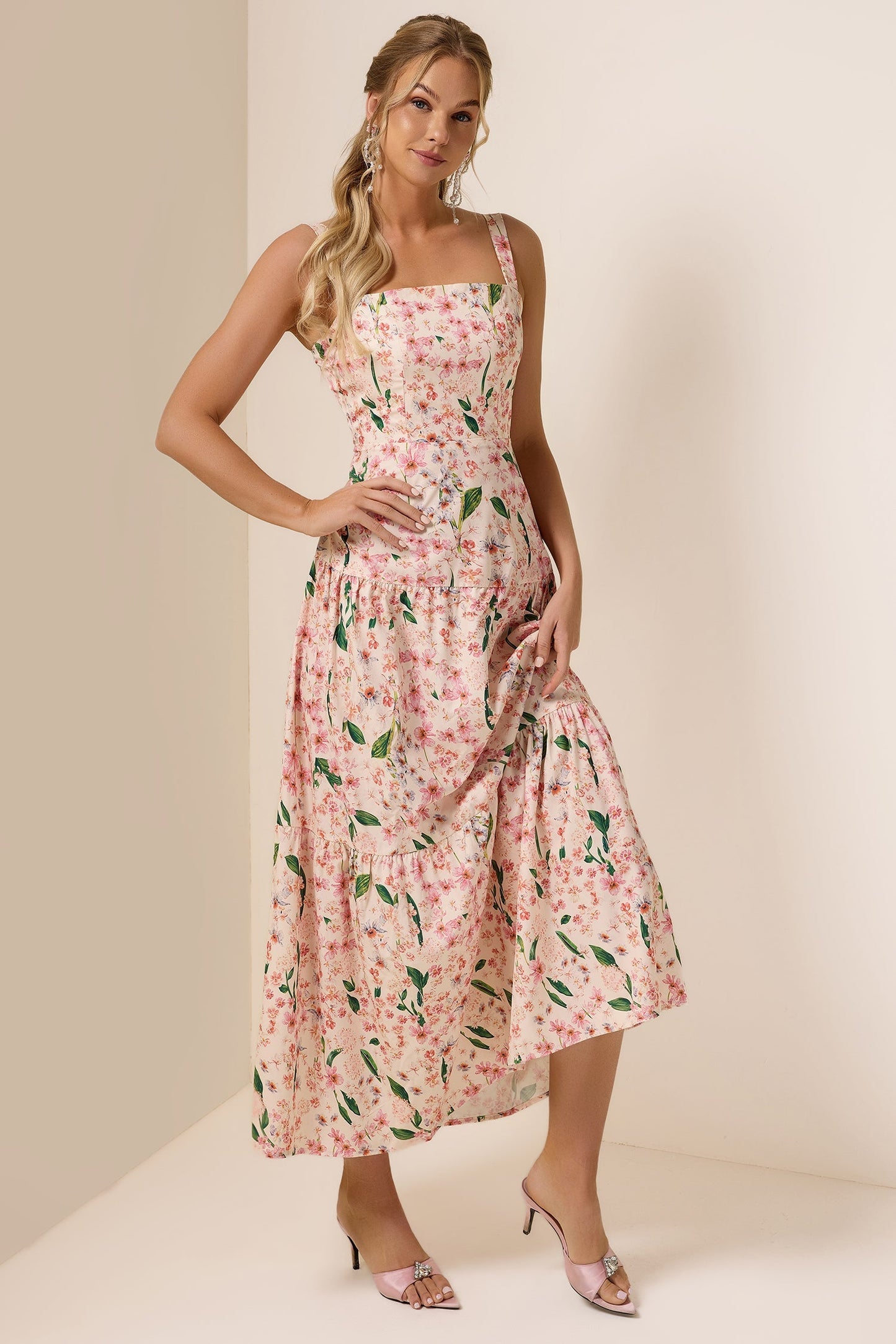 Floral Square Collar Sleeveless Maxi Dress