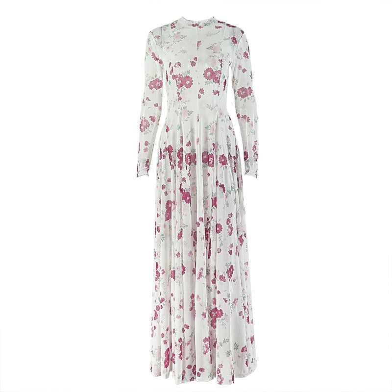 Long sleeve crewneck flower print mesh maxi dress | Festival Outfits Women