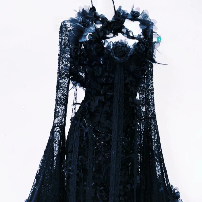 Lace long flared sleeve flower applique maxi dress | Festival Outfits Women