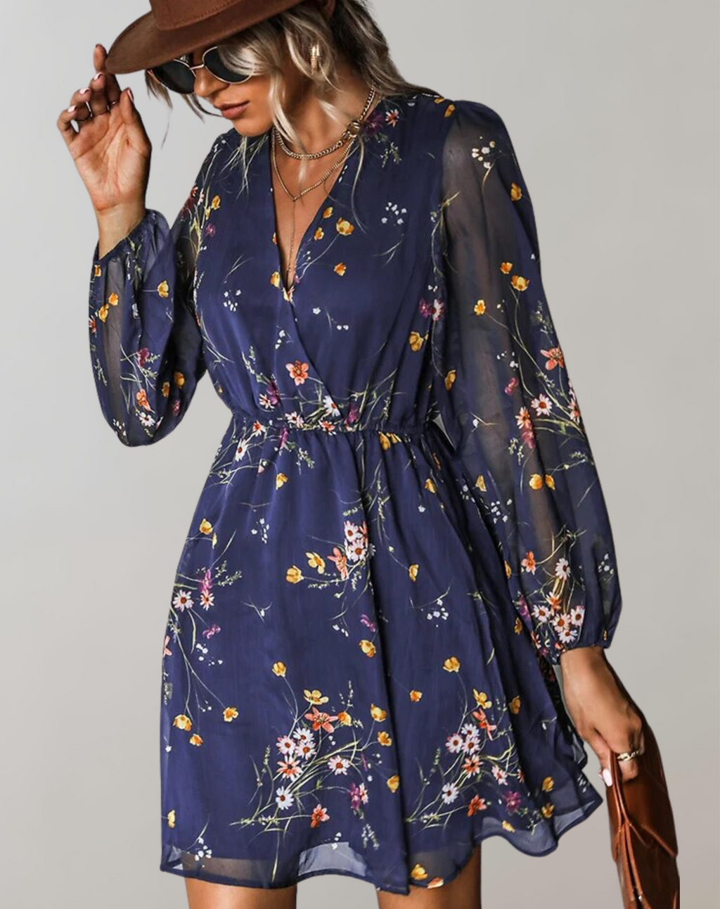 Women’s Stylish Waist-Cinching V-Neck Midi Dress with Floral Prints | Ideal for Spring/Summer