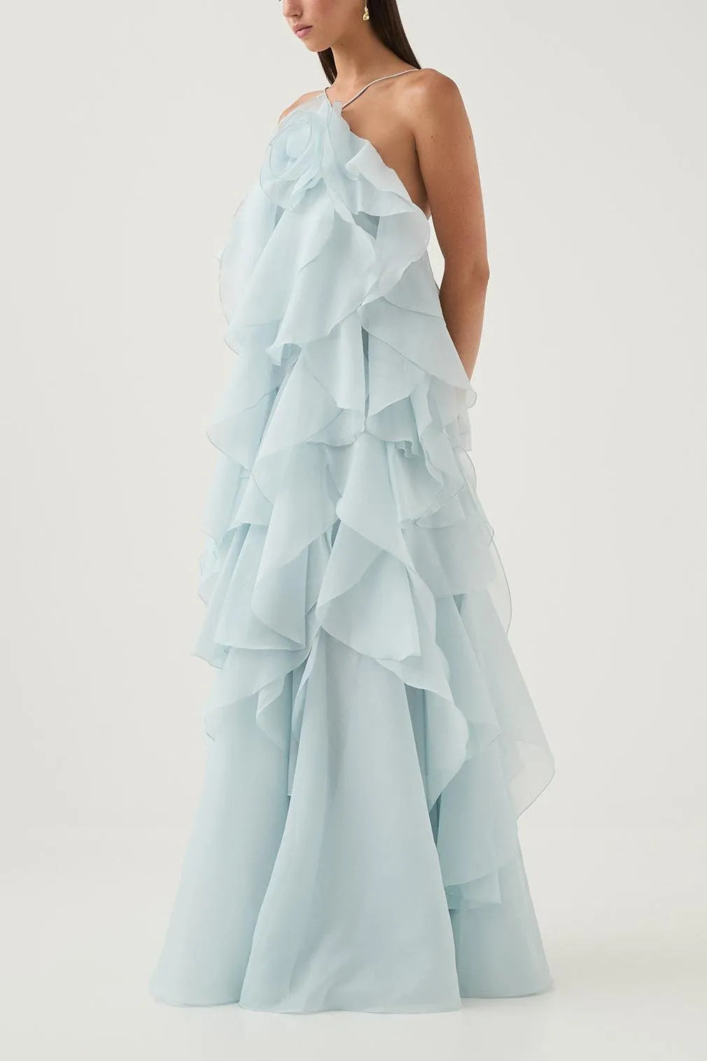 3D Flower Halter Neck Frill Maxi Dress