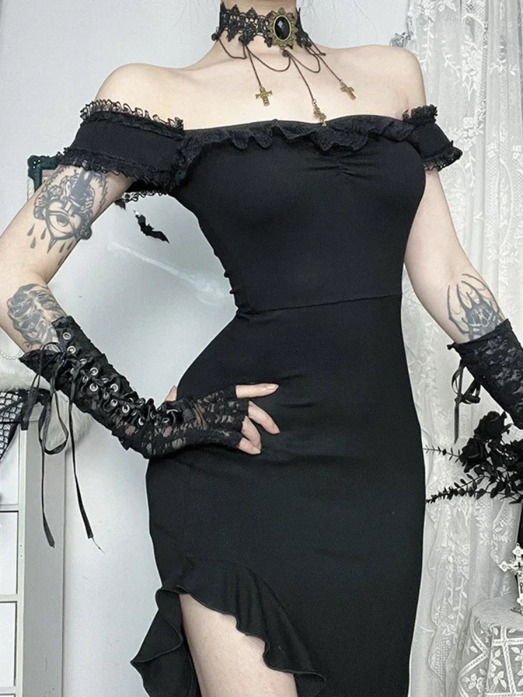 Alt Goth Coquette Off Shoulder Lace Maxi Dress