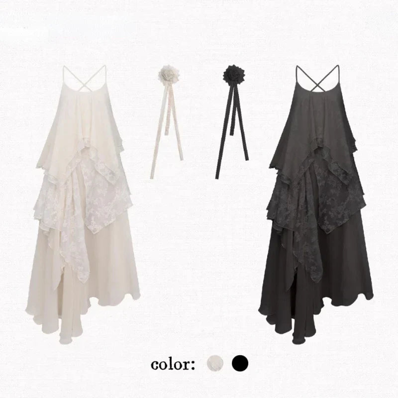 Voguable French Vintage Midi Dress Y2k Lace Patchwork Elegant Beach Style Strap Dress FeKorea Chic Clothes