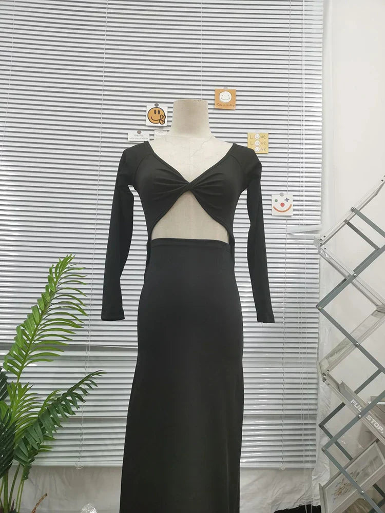 Spring Autumn Women's Solid Color Long sleeved Temperament Slim Hollow Open Midi Dresses
