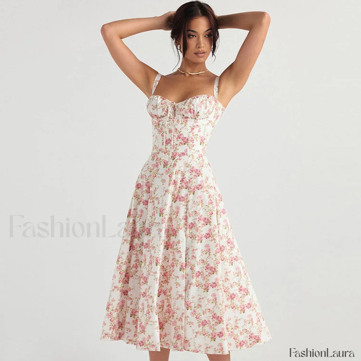 Breezy Floral Printed Lace Up Back Tie String Slit Midi Sundress - Pink