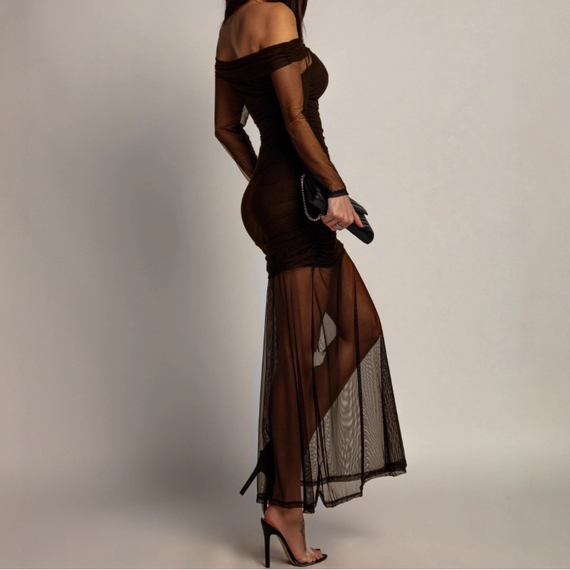 Off shoulder long sleeve ruched mesh maxi dress | Festival Outfits Women