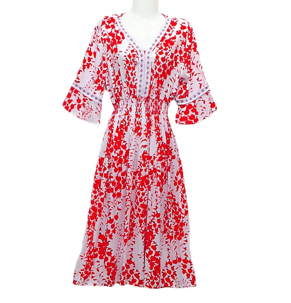 Summer Loose Casual Women Printed V-Neck Trumpet Sleeve Midi Dress