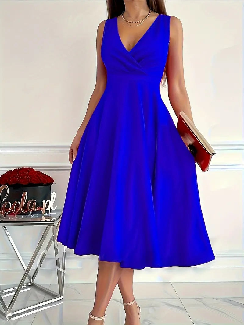 Simple Basic Solid Color Casual Sleeveless V Neck Midi Dress