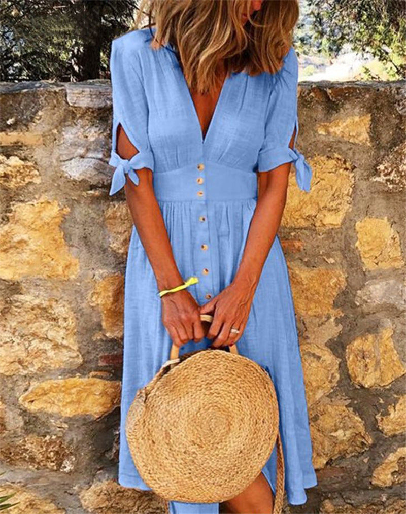 Women Casual Vacation Solid Color V-Neck Knotted Half-Sleeved Midi Dress