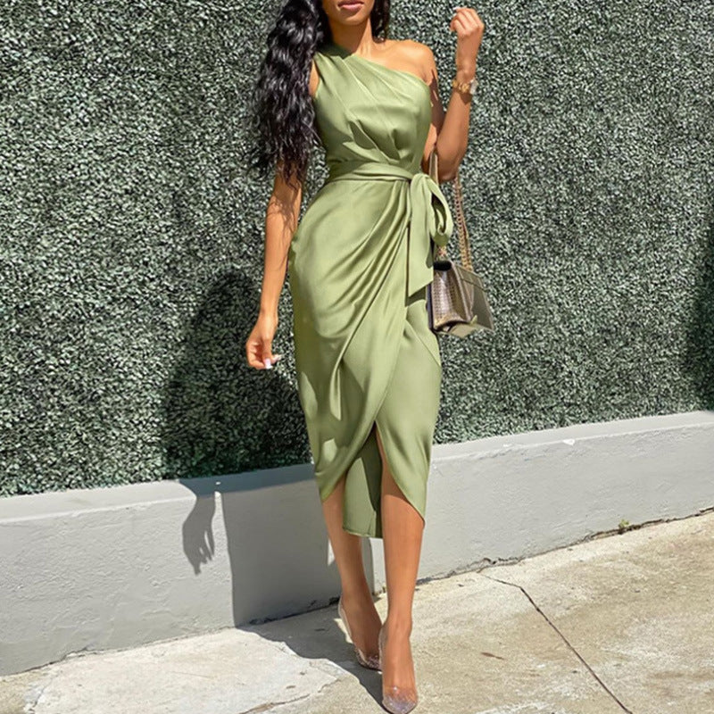 Women Solid Color Satin One Shoulder Waist Tie Irregular Casual Midi Dress