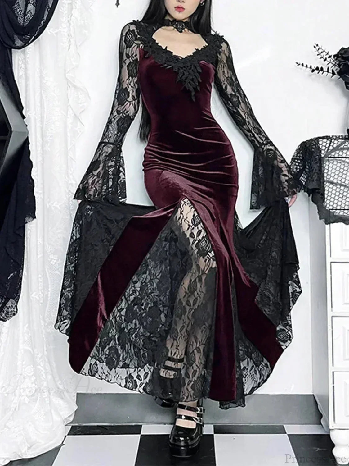 Dark Lace Trumpet Slim Midi Dress