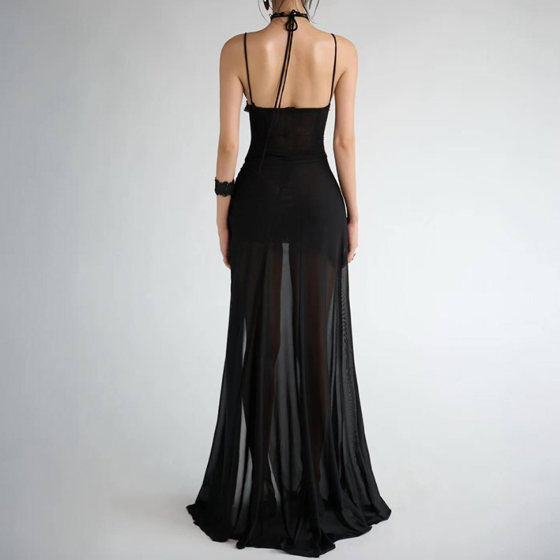 Ruffle halter self tie ruched slit cami maxi dress | Festival Outfits Women