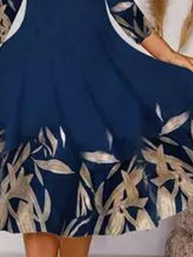 A Line Dress Midi Dress Dark Blue Long Sleeve Floral Print Summer Spring V Neck Casual Winter Dress Fall Dress S M L XL XXL 3XL for Women