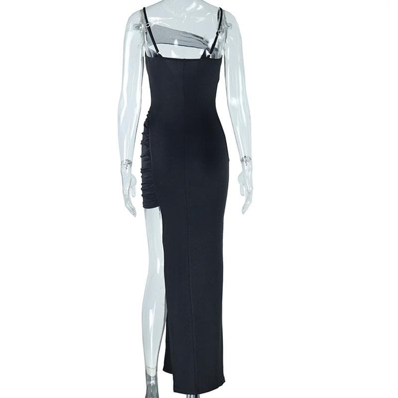 Irregular high slit ruched mesh hollow out cami cut out maxi dress | Festival Outfits Women