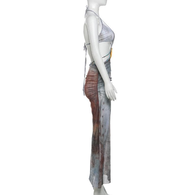 Halter self tie deep V neck sheer mesh shell applique maxi dress | Festival Outfits Women
