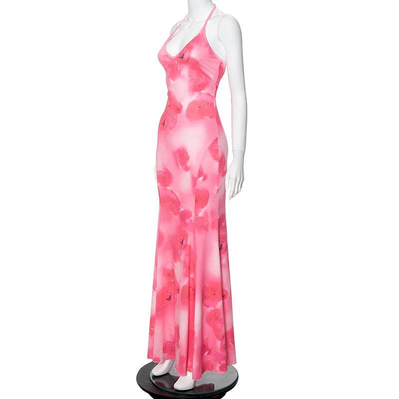 Halter rose print u neck backless self tie maxi dress | Festival Outfits Women