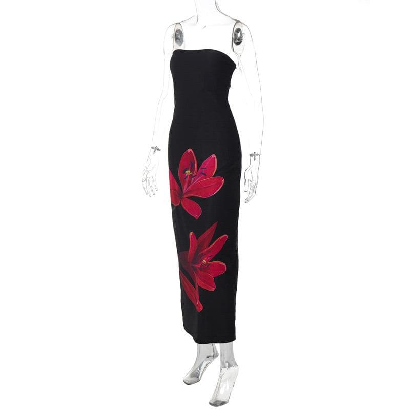Flower print knotted backless tube maxi dress | Festival Outfits Women