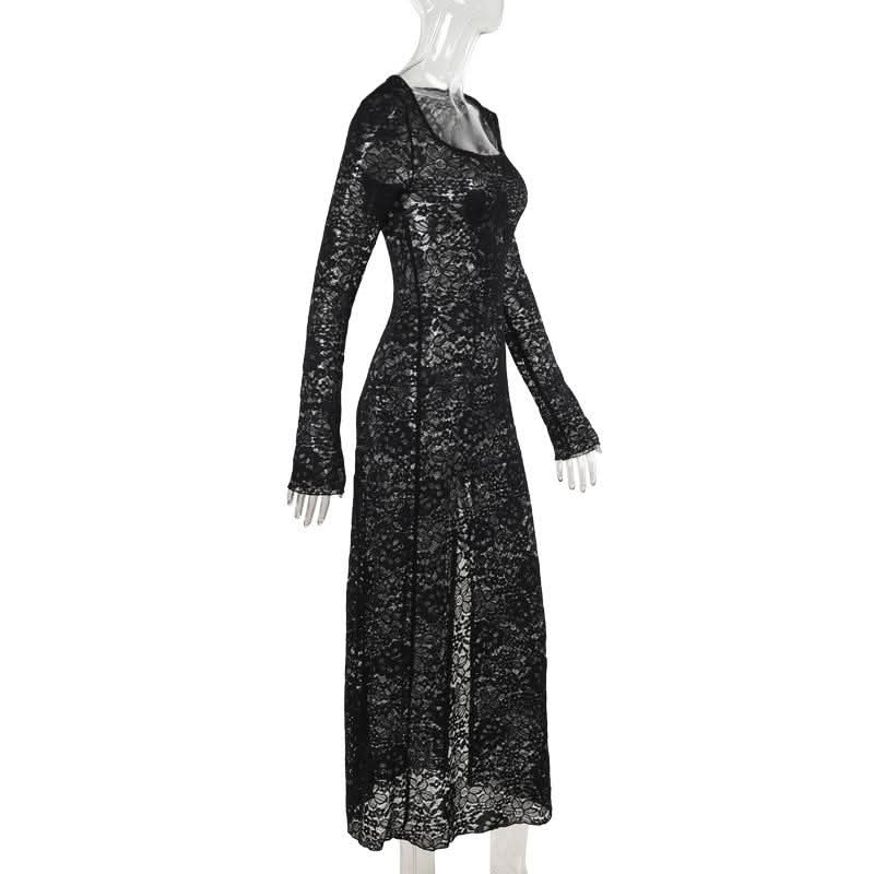 Long sleeve u neck lace slit maxi dress | Festival Outfits Women