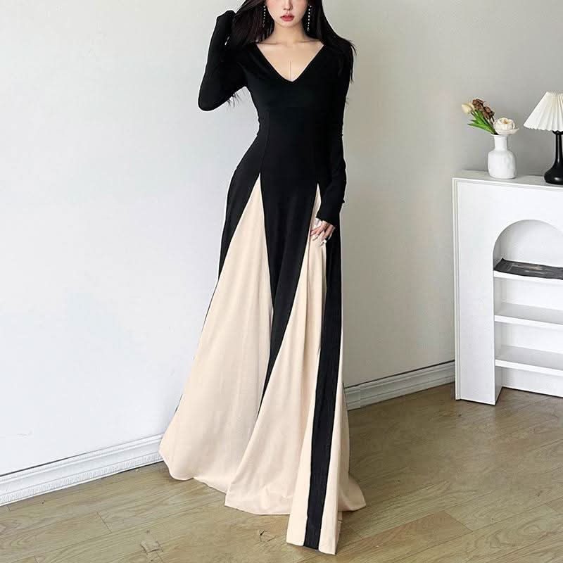Long sleeve v neck contrast patchwork maxi dress | Festival Outfits Women