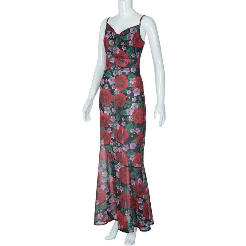 Cowl neck flower print zip-up contrast backless cami maxi dress | Festival Outfits Women