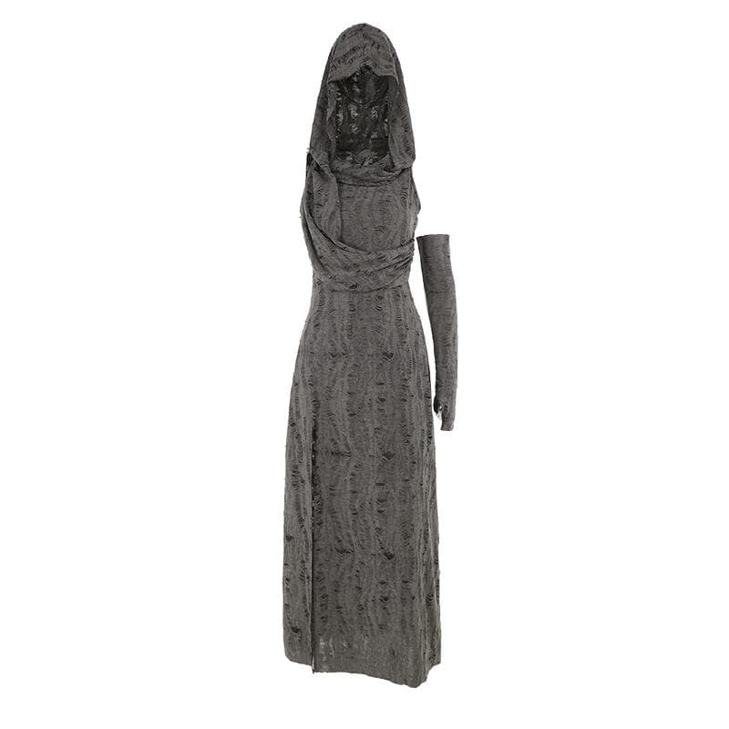 Hoodie ruched ruffle slit maxi dress | Festival Outfits Women