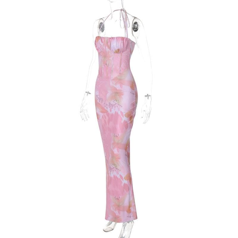 Halter print ruched bustier high slit knotted maxi dress | Festival Outfits Women