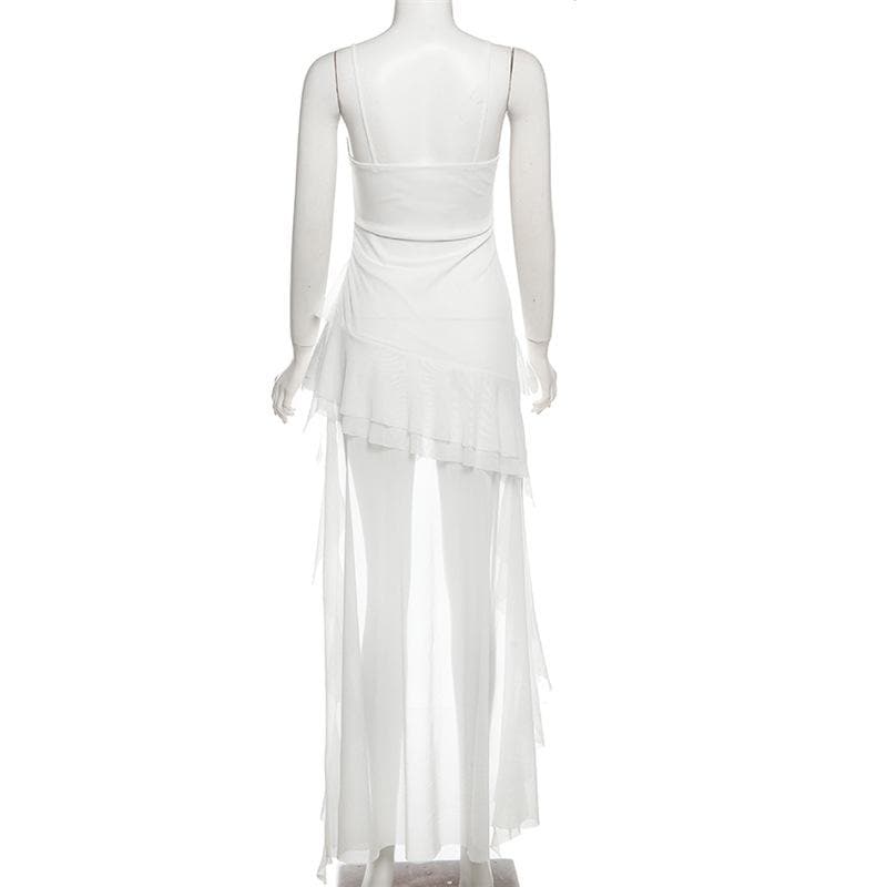 Ruched mesh ruffle sweetheart neck cami maxi dress | Festival Outfits Women