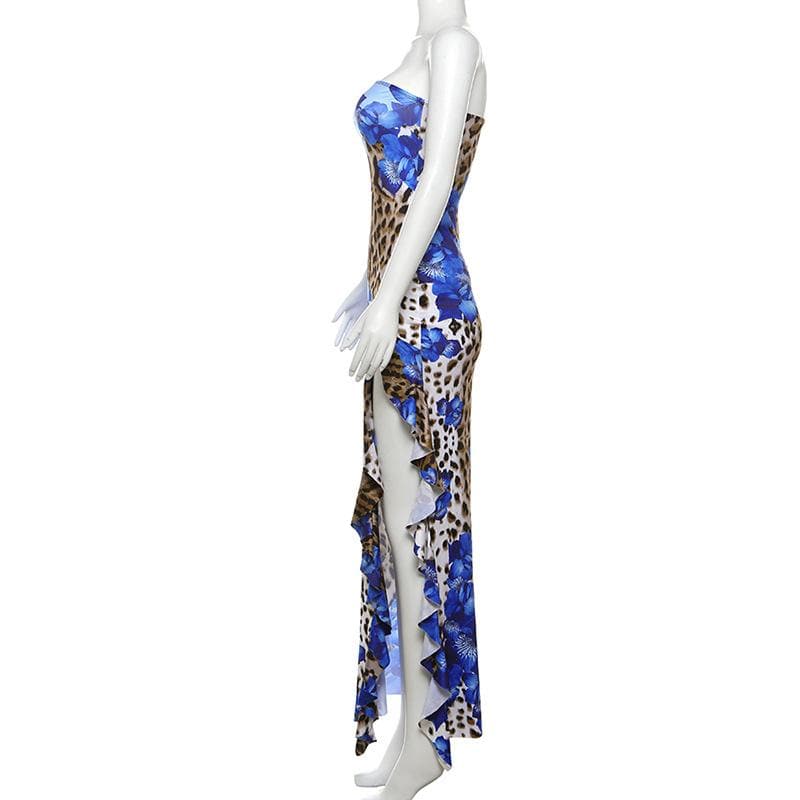 Leopard print contrast ruffle high slit tube maxi dress | Festival Outfits Women