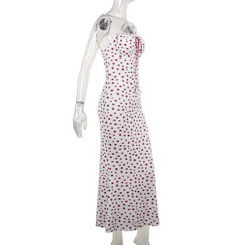 Bowknot ribbon stitch flower print polka dot cami maxi dress | Festival Outfits Women